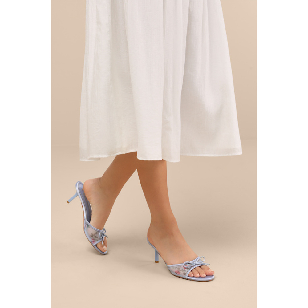 Lulus Pamina Periwinkle Satin Bow Slide High Heel Sandals Blue - Size 6